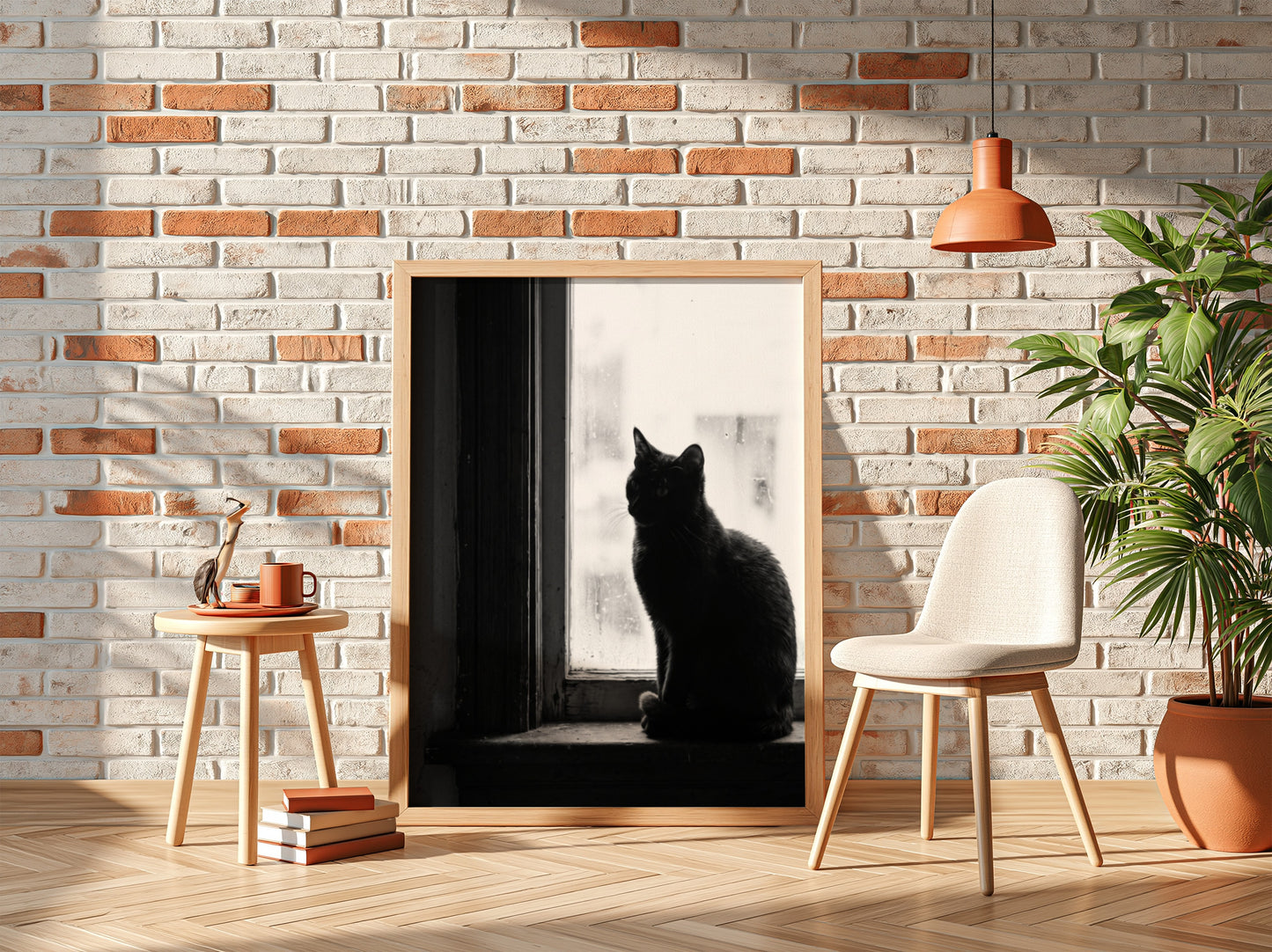 Poster of black cat sitting on window ledge with soft natural light and shadow contrast