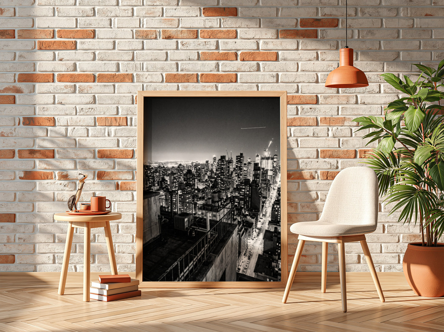 City skyline at night poster in black and white with glowing lights and tall buildings