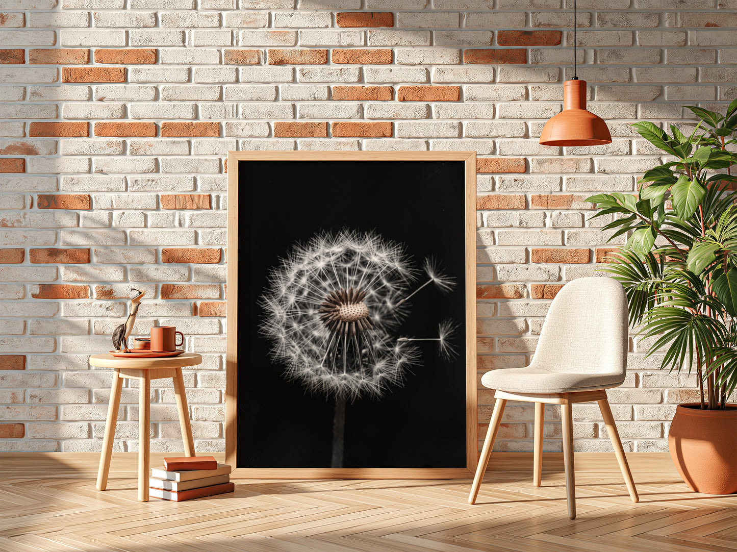 Botanical wall art of a dandelion seed head with white seeds on black minimalist background