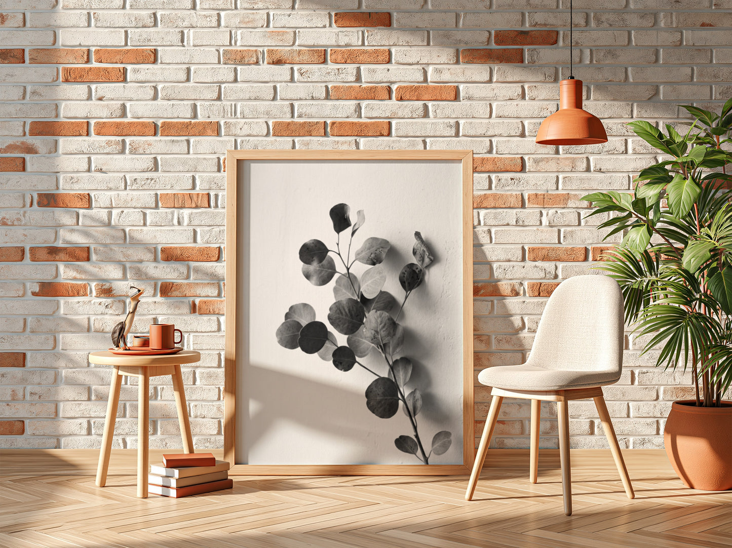 botanical wall decor featuring grayscale eucalyptus branch with rounded leaves on white background