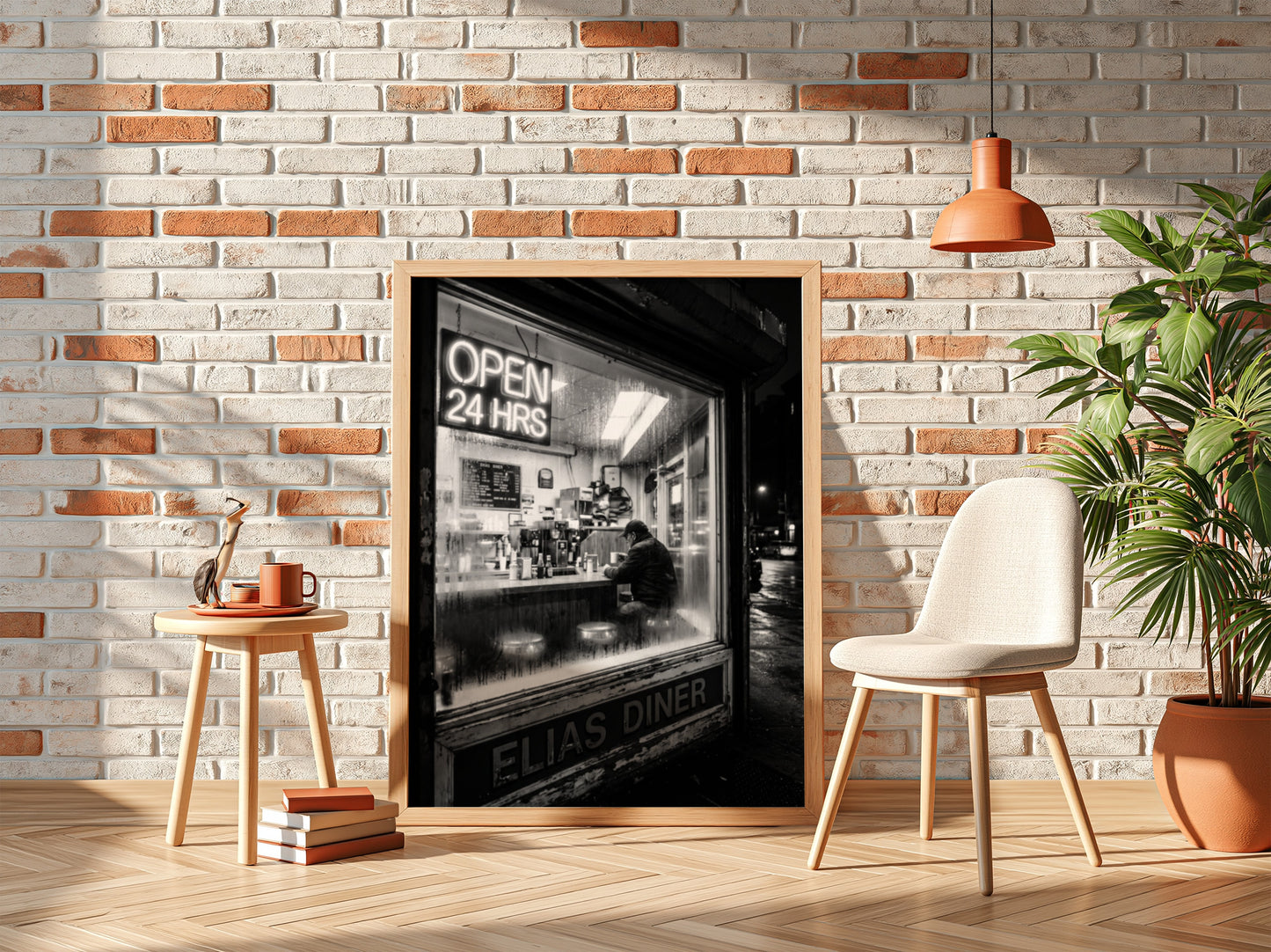 Poster of black and white diner interior with neon open 24 hrs sign and lone figure sitting