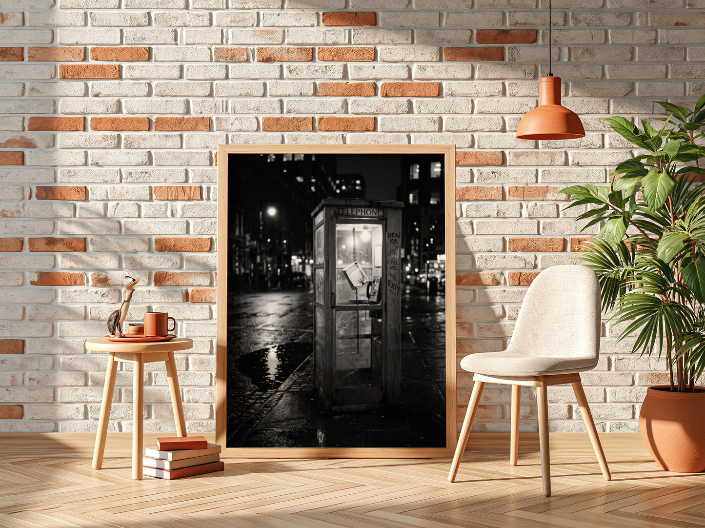 black and white wall decor of illuminated phone booth on rainy city street corner at night