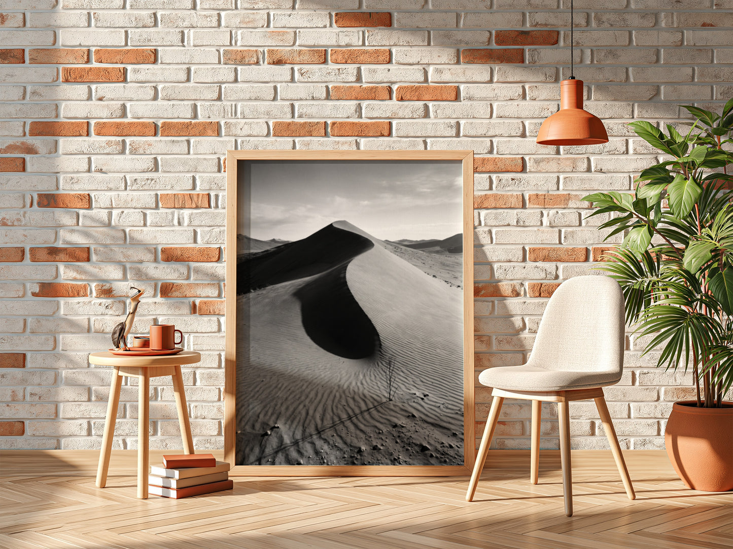 Sand dune ridge at sunrise poster with monochrome black and white desert landscape and textured rippled sand