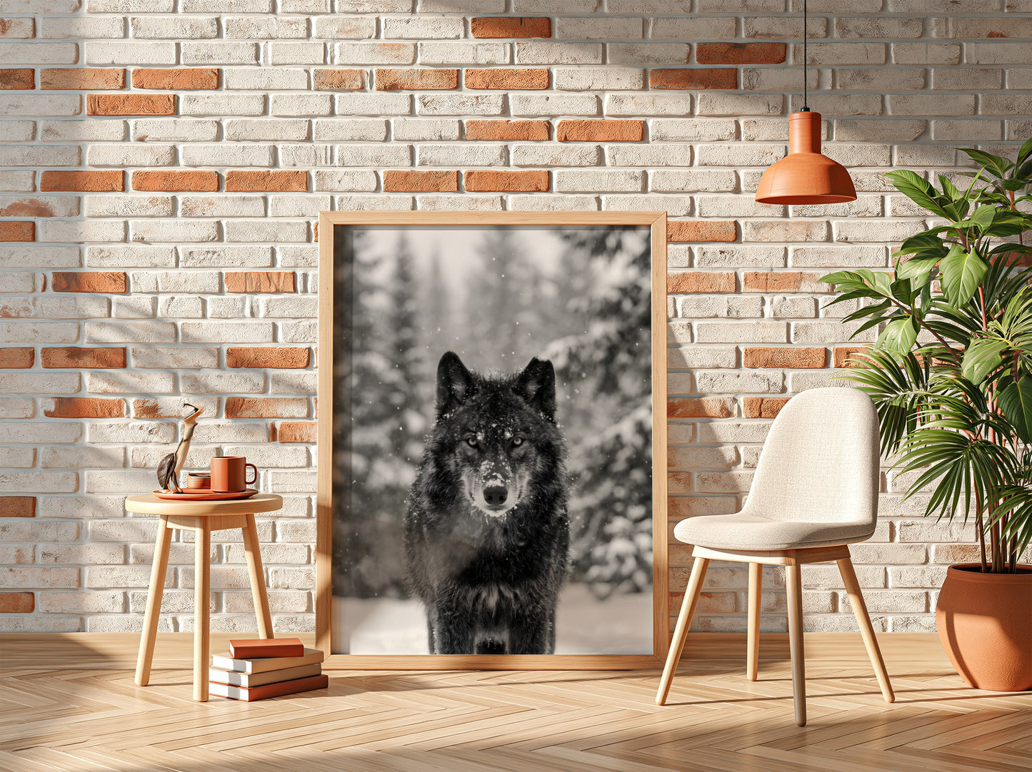 black and white wall decor featuring wolf staring into camera snowy forest background