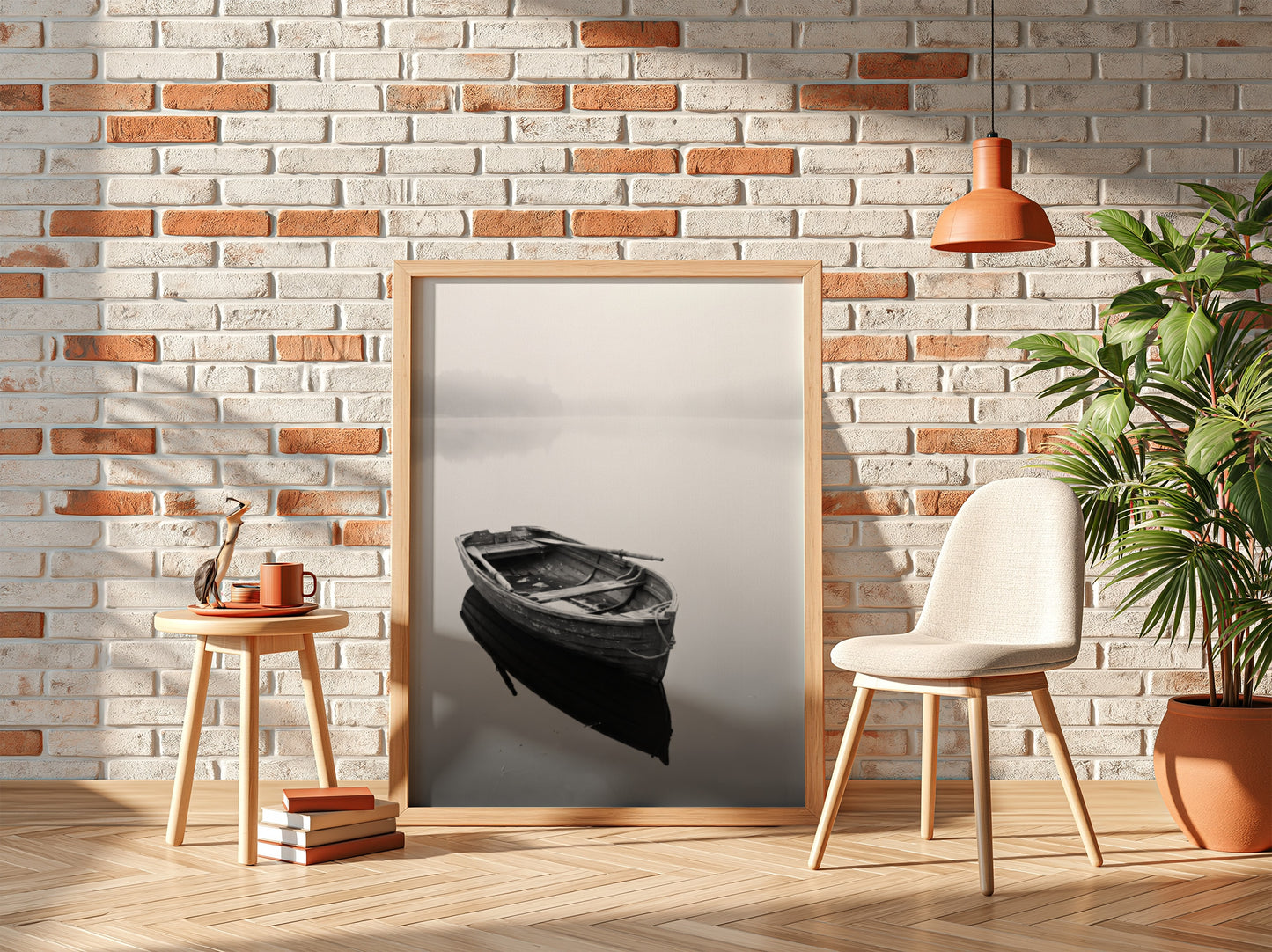 Black and white wall decor featuring a wooden rowing boat floating on calm water with soft reflections