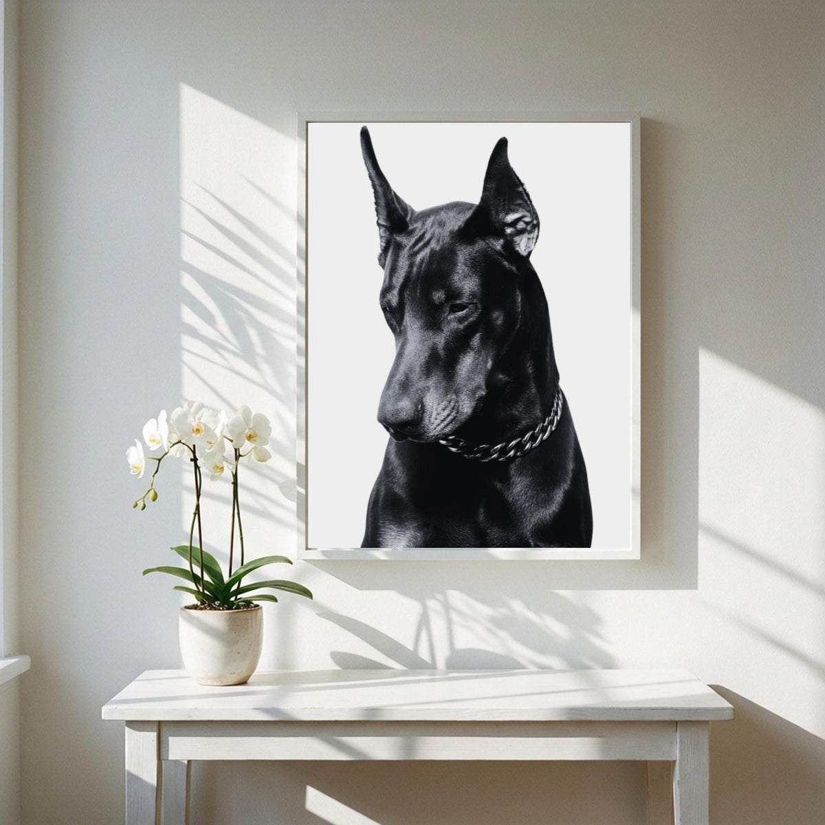 Midnight Doberman Black & White Minimalist Animal Wall Art | Modern Dark Aesthetic Dog Decor | Powerful Portrait Print