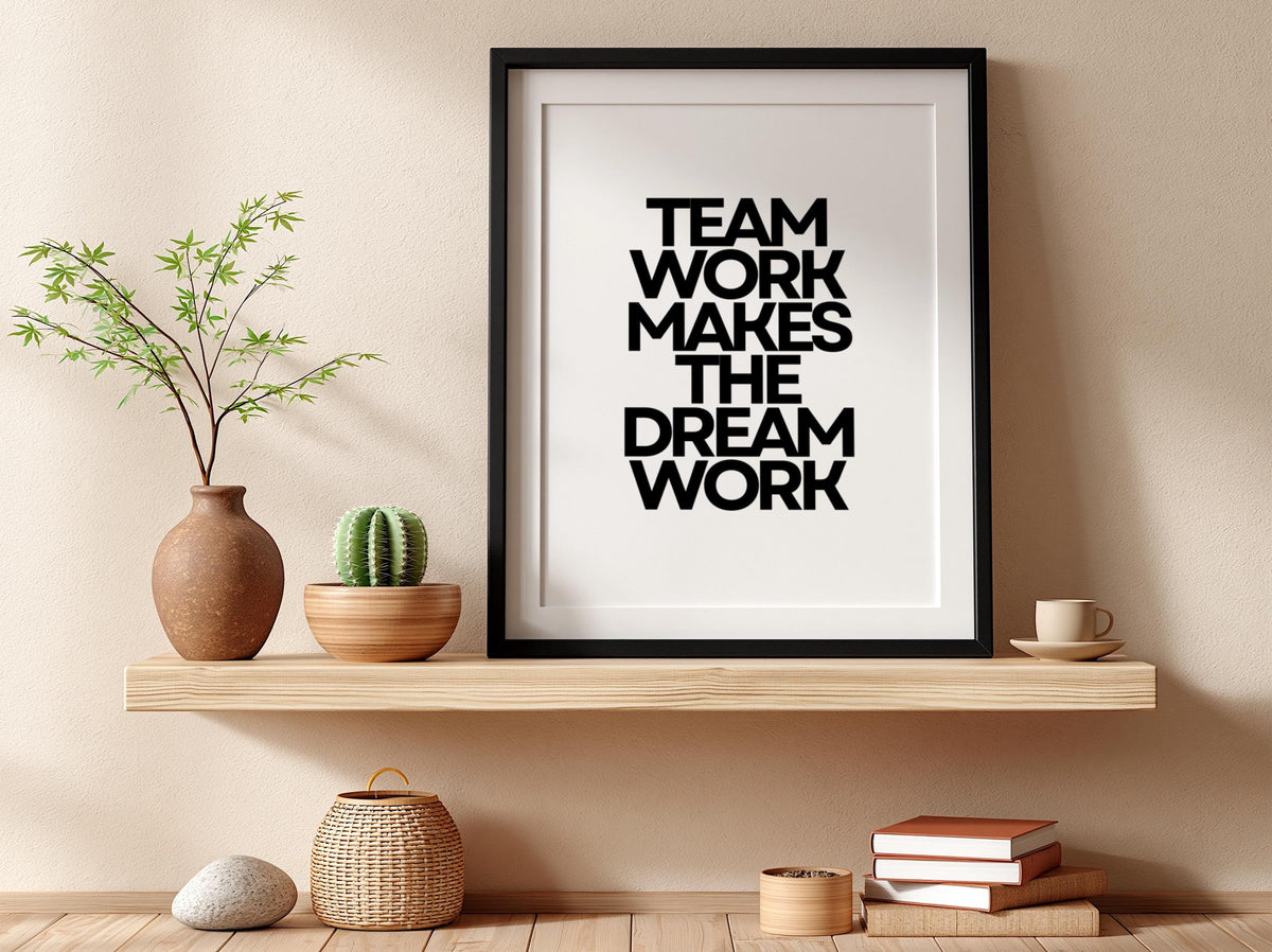 Team Work Poster | White Minimalist Wall Art Print | Motivational Quote | Collaboration & Leadership Decor | Clean Typography Design