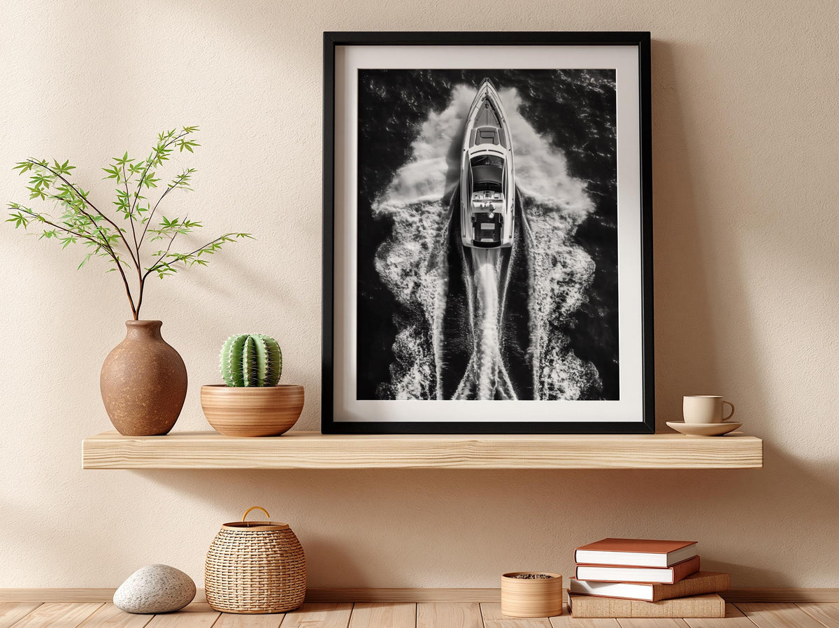 Aerial Speedboat Ocean Wake Poster | Black and White Photography Print | Coastal Wall Art | Modern Nautical Decor | Fine Art Photo
