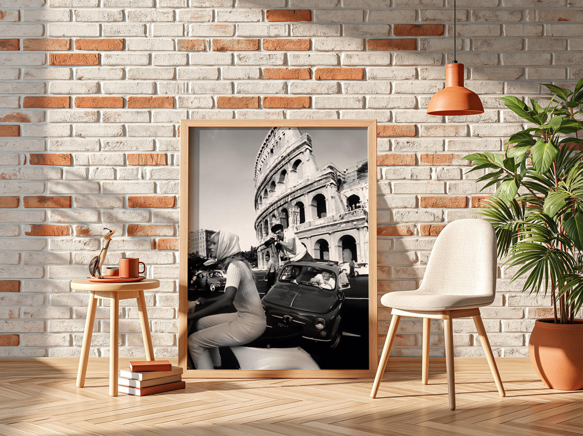 Colosseum Moto Street Scene Poster | Black and White Photography Print | Rome Travel Wall Art | Vintage Italian Lifestyle Decor