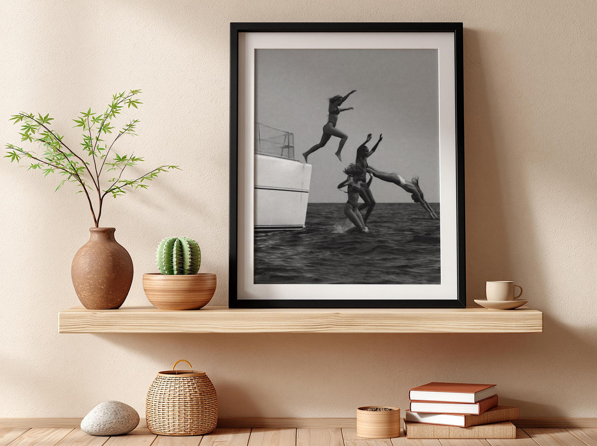 Friends Leaping Off Yacht Poster | Black and White Photography Print | Summer Adventure Wall Art | Ocean Lifestyle Decor