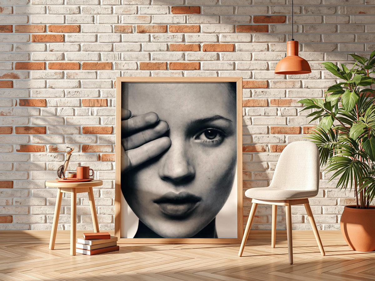 Kate Moss Close Up Portrait Poster | Black and White Photography Print | Vintage Fashion Wall Art | Retro Model Photography Decor