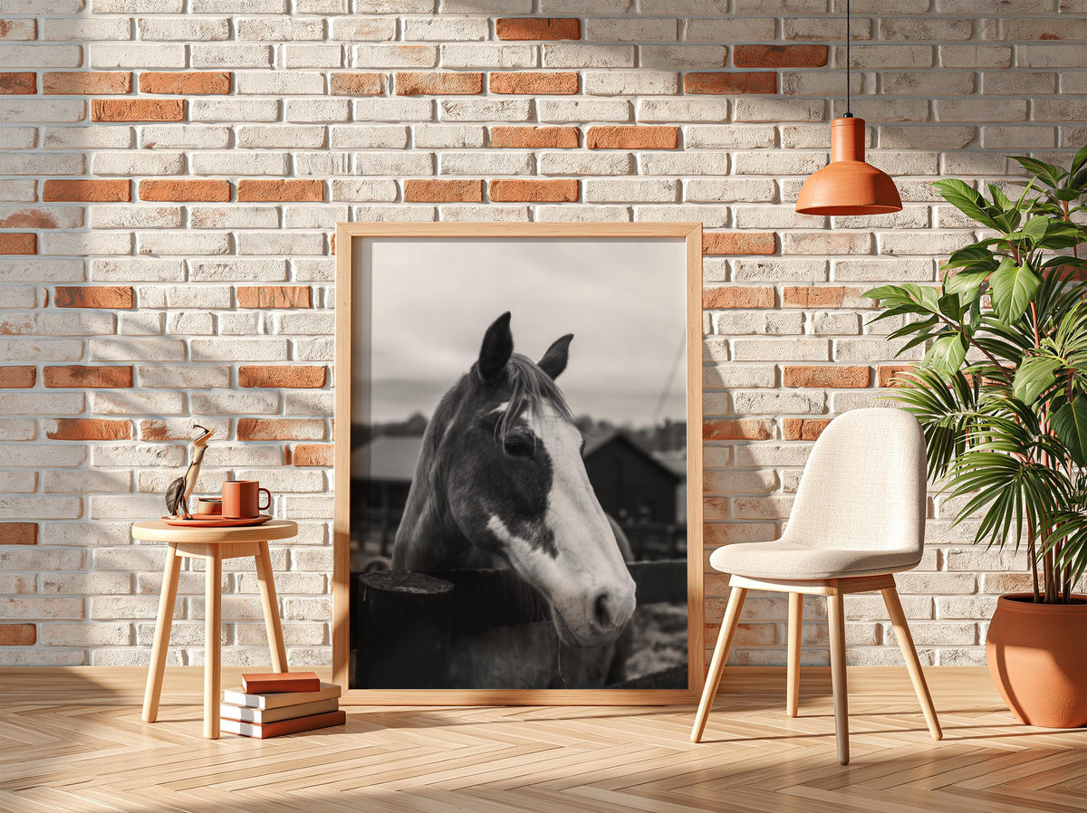 Piebald Horse Farm Portrait Poster | Black and White Photography Print | Vintage Farm Wall Art | Retro Western Animal Decor