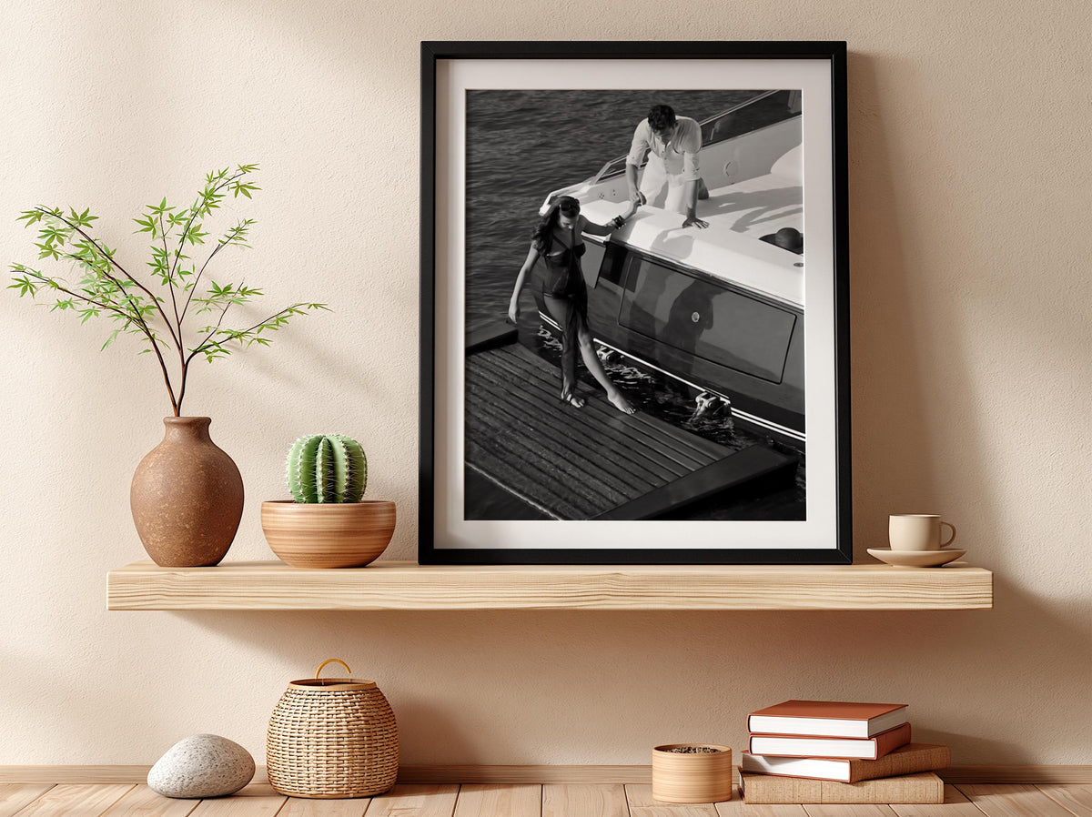 Yacht Couple Helping Hand Poster | Black and White Photography Print | Vintage Coastal Wall Art | Retro Luxury Lifestyle Decor