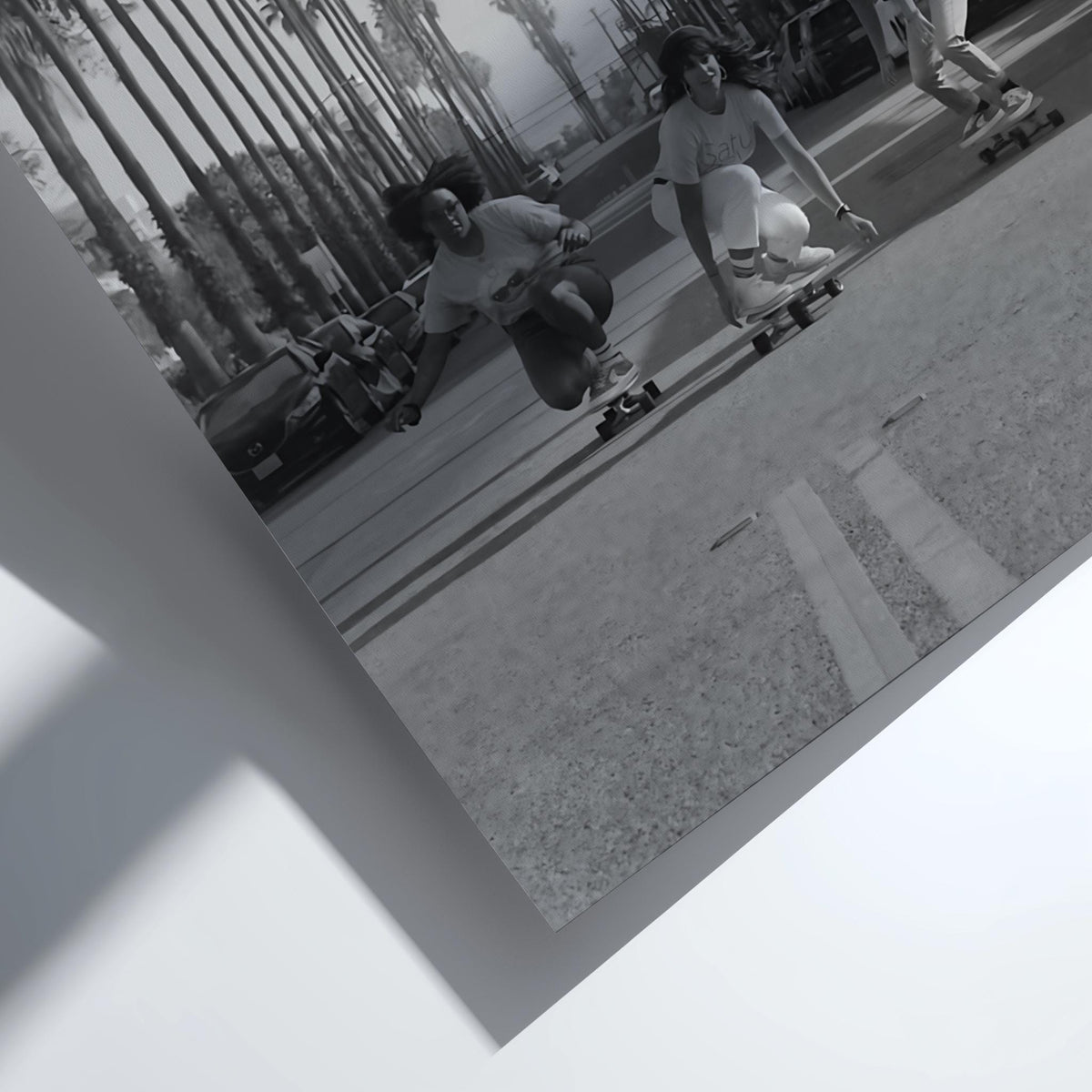 Girls Skateboarding Palm Street Poster | Black and White Photography Print | Vintage Summer Wall Art | Retro Street Lifestyle Decor