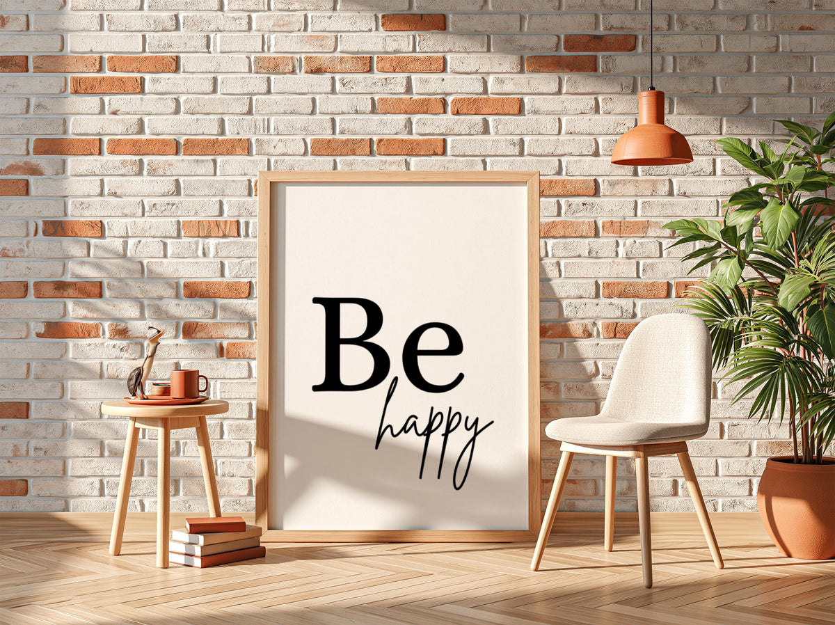 Be Happy Poster | Minimalist Wall Art Print | Modern Typography Quote | Neutral Home Decor | Scandinavian Style Artwork