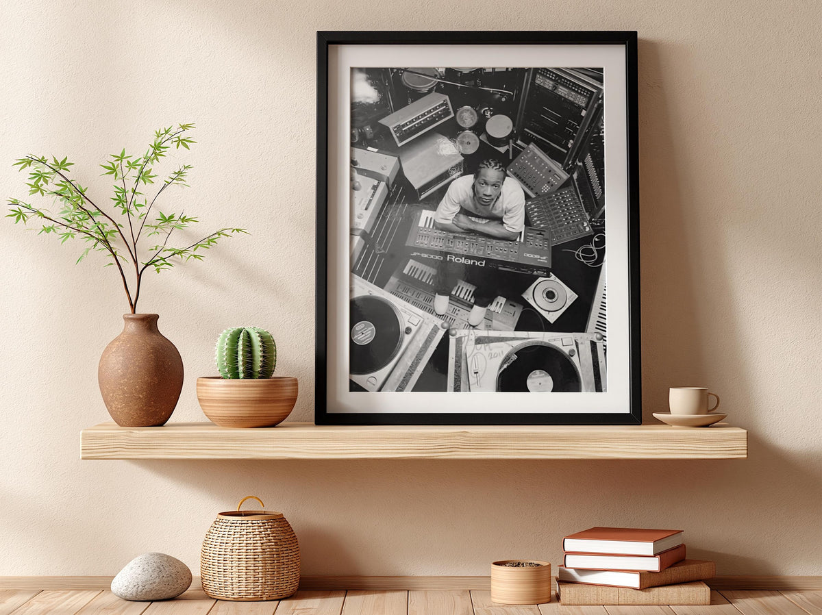 DJ Studio Gear Overhead Poster | Black and White Photography Print | Music Studio Wall Art | Modern Audio Decor