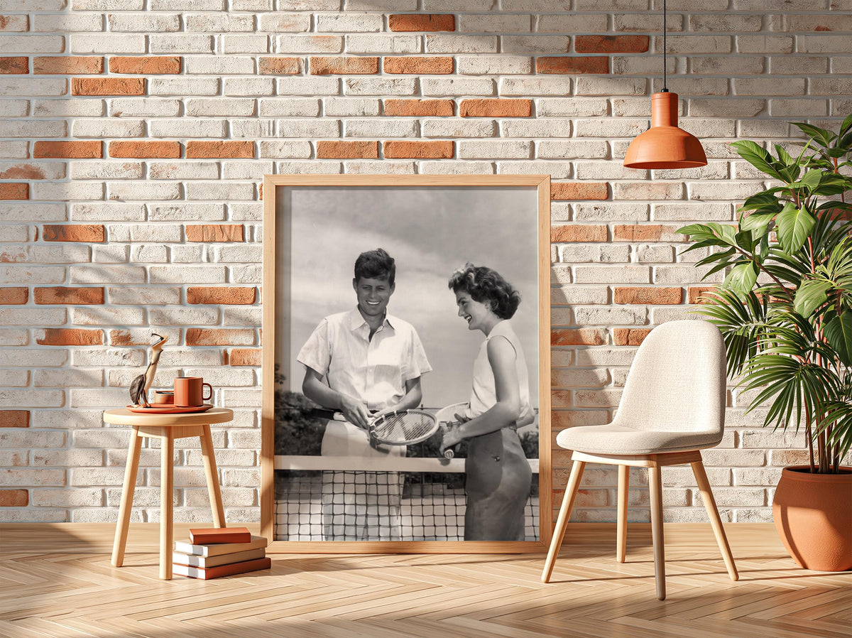 JFK And Jackie Tennis Court Poster | Black and White Photography Print | Vintage Couple Wall Art | Retro Historical Photography