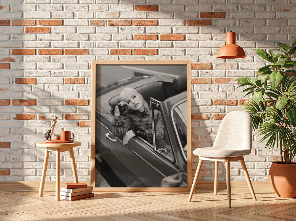 Model In Red Vintage Convertible Poster | Black and White Photography Print | Retro Fashion Wall Art | Classic Car Lifestyle Decor