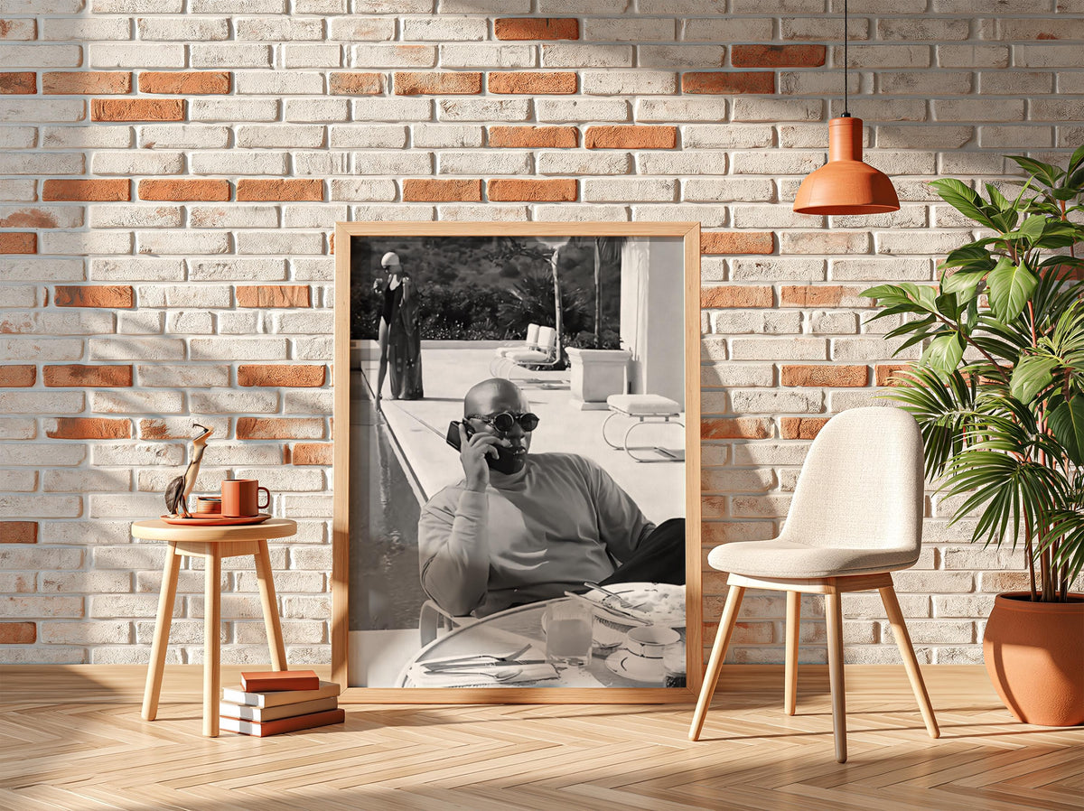 Poolside Phone Call Man Poster | Black and White Photography Print | Vintage Luxury Lifestyle Wall Art | Retro Summer Decor