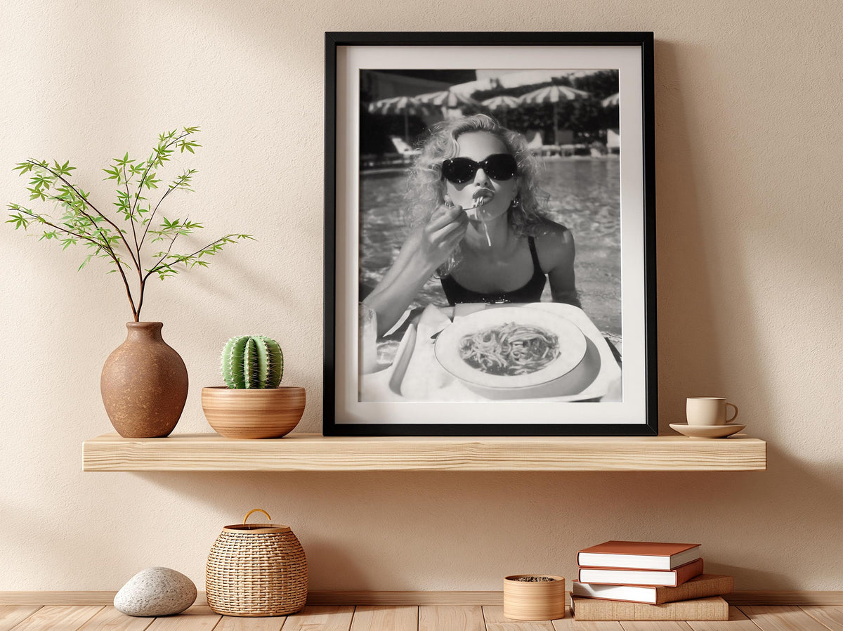 Poolside Spaghetti Diva Poster | Black and White Photography Print | Vintage Summer Wall Art | Retro Glamour Lifestyle Decor