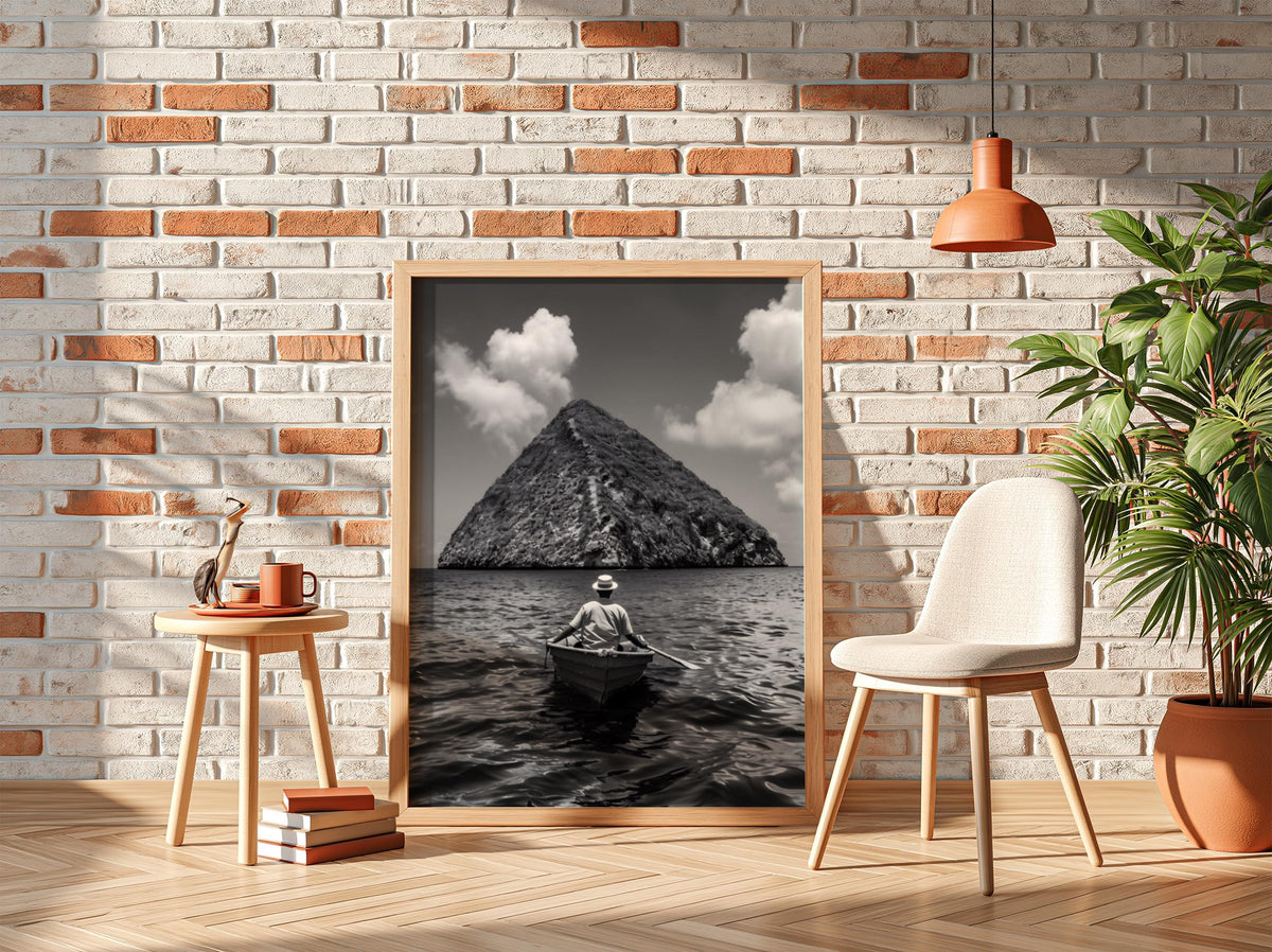 Rowboat Pyramid Rock Island Poster | Black and White Photography Print | Vintage Ocean Wall Art | Retro Adventure Travel Decor