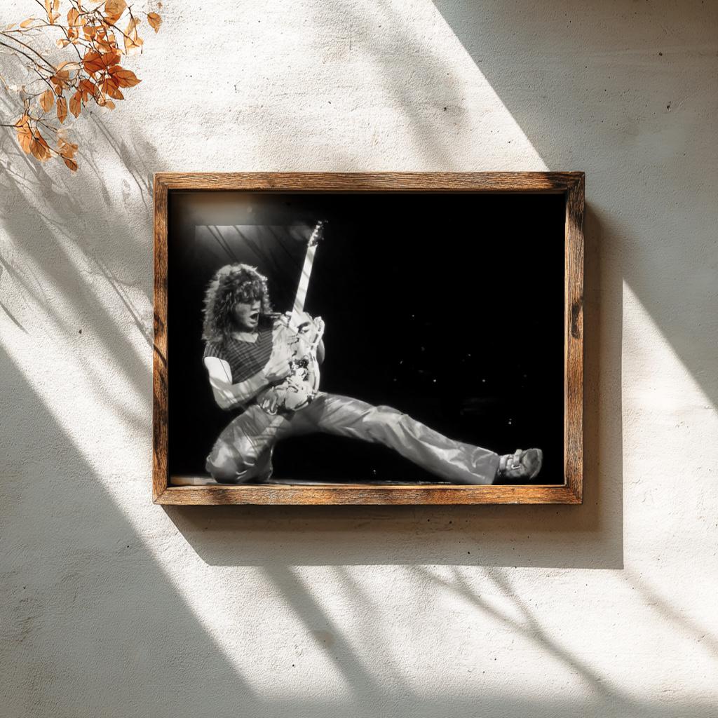 Rock Guitarist Stage Kick Poster | Black and White Photography Print | Vintage Music Wall Art | Retro Concert Photography Decor