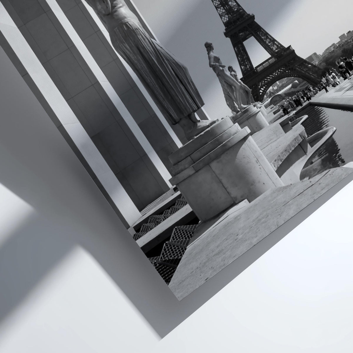Golden Statues Eiffel Tower View Poster | Black and White Photography Print | Vintage Paris Wall Art | Retro Travel Decor