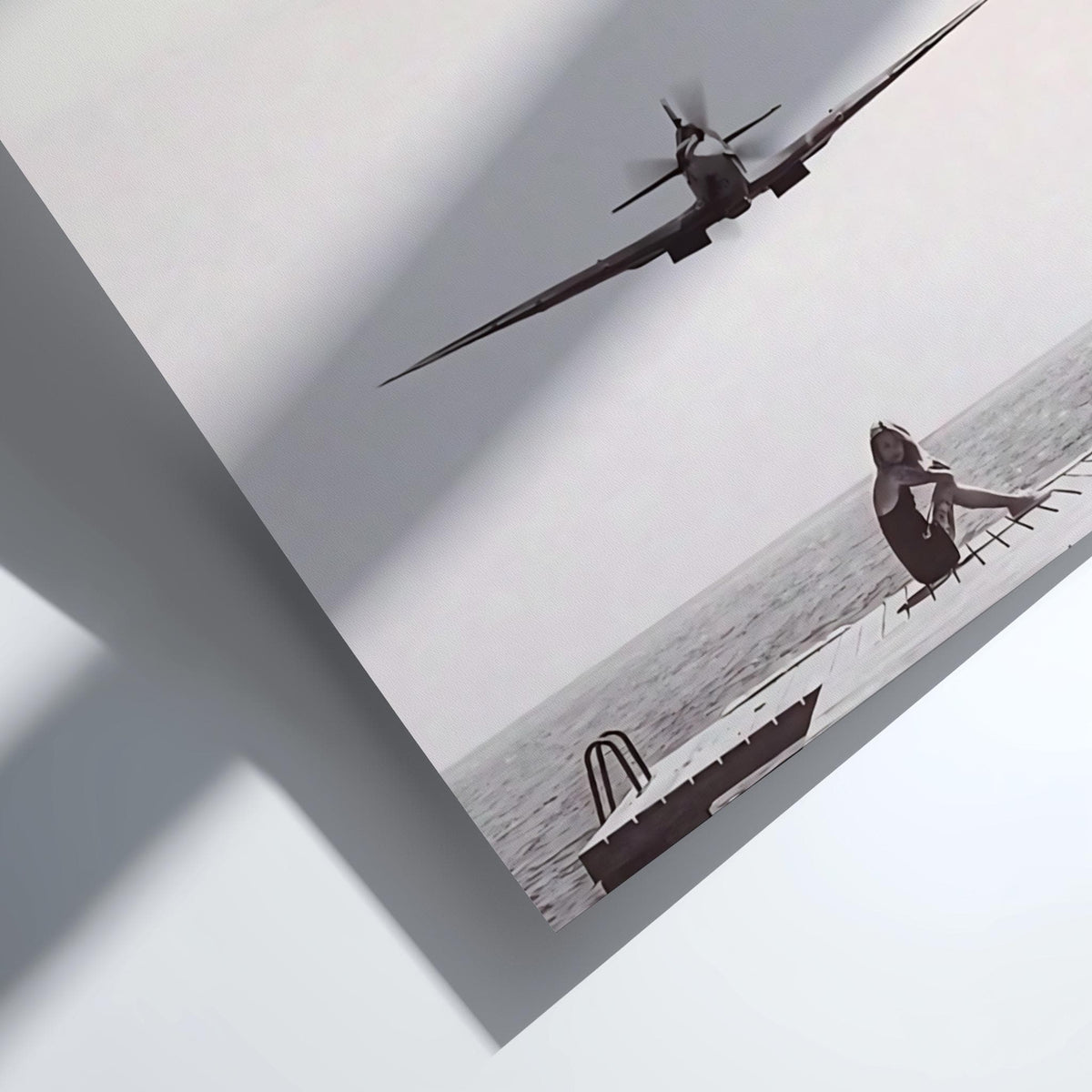 Woman Dock Watching Warplane Poster | Black and White Photography Print | Vintage Aviation Wall Art | Retro Military Decor