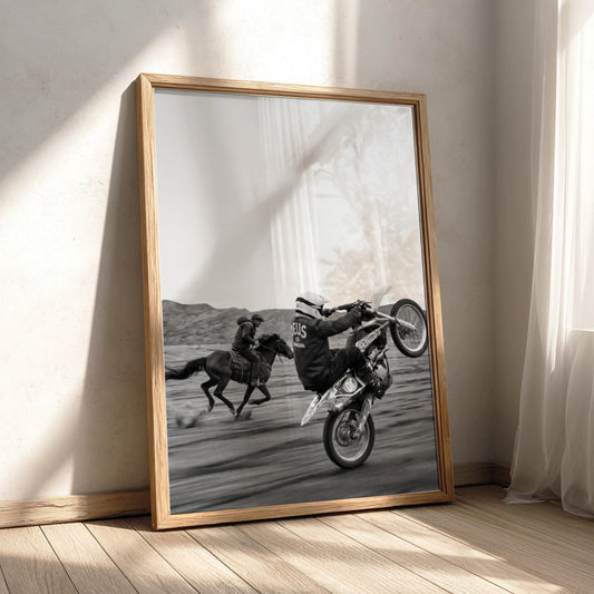 Cowboy Motocross Poster | Black and White Photography Print | Vintage Western Sports Wall Art | Retro Adventure Decor