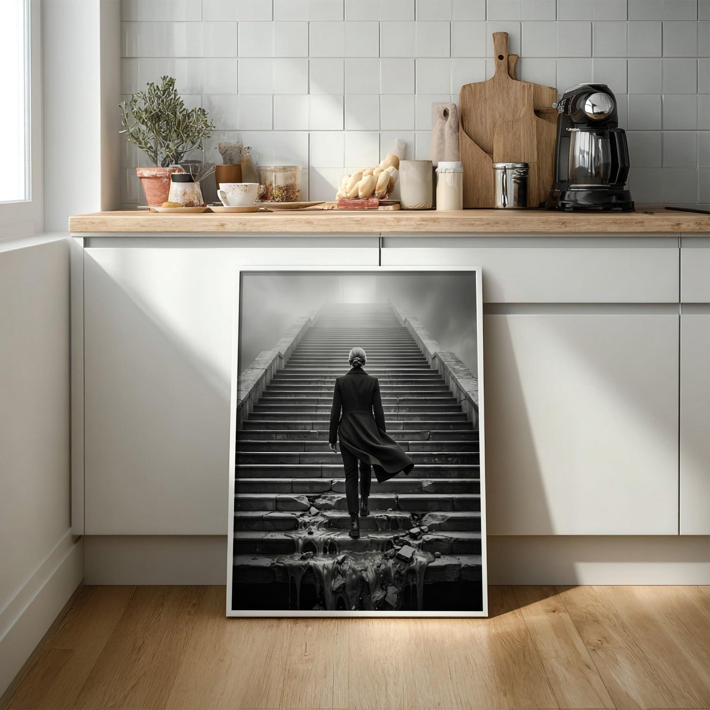 Overcoming Obstacles Print | Woman Ascending Stairs Poster | Black and White Motivational Wall Art | Resilience & Success Decor