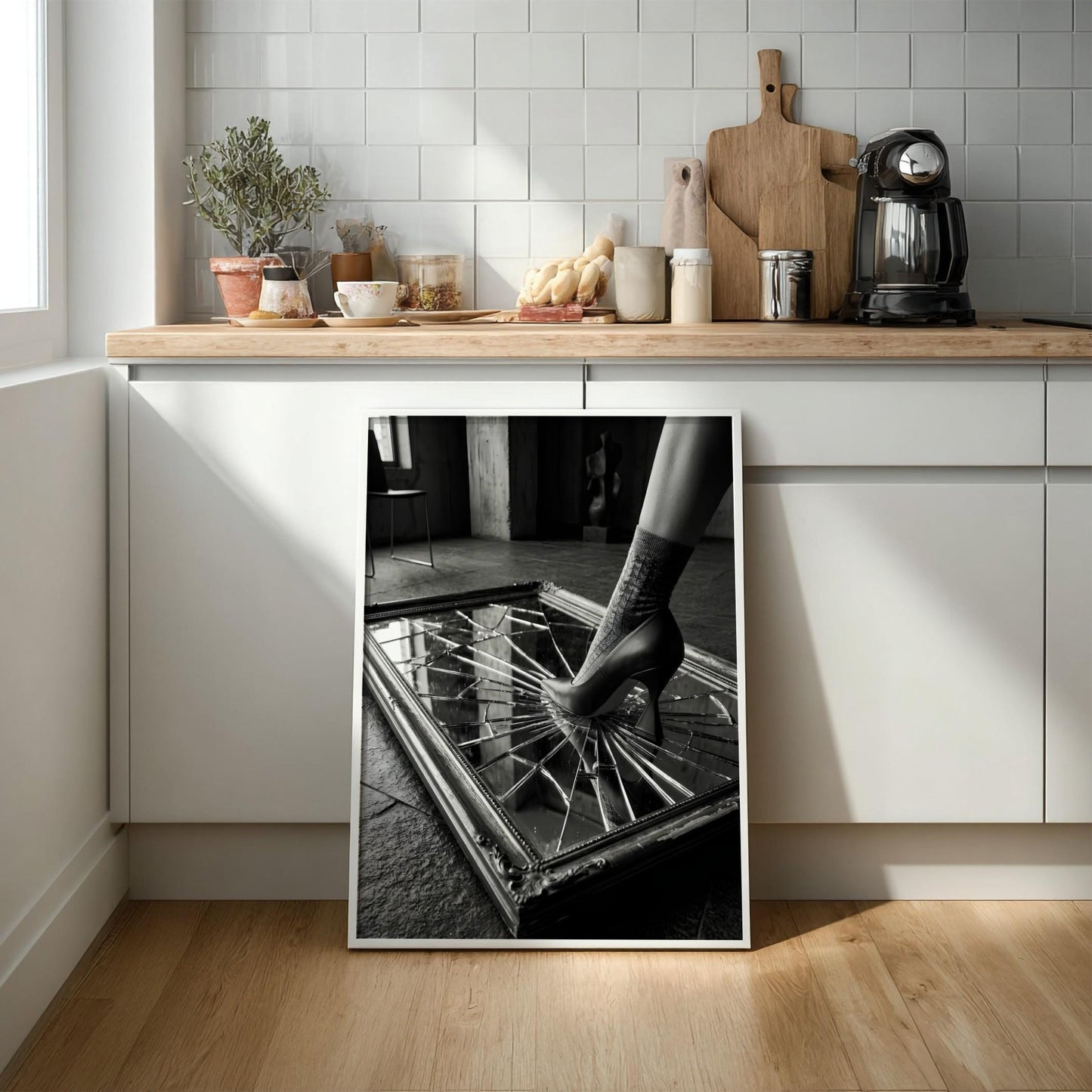 Broken Mirror Print | High Heel Shattered Glass Poster | Edgy Boss Lady Wall Art | Black and White Conceptual Decor