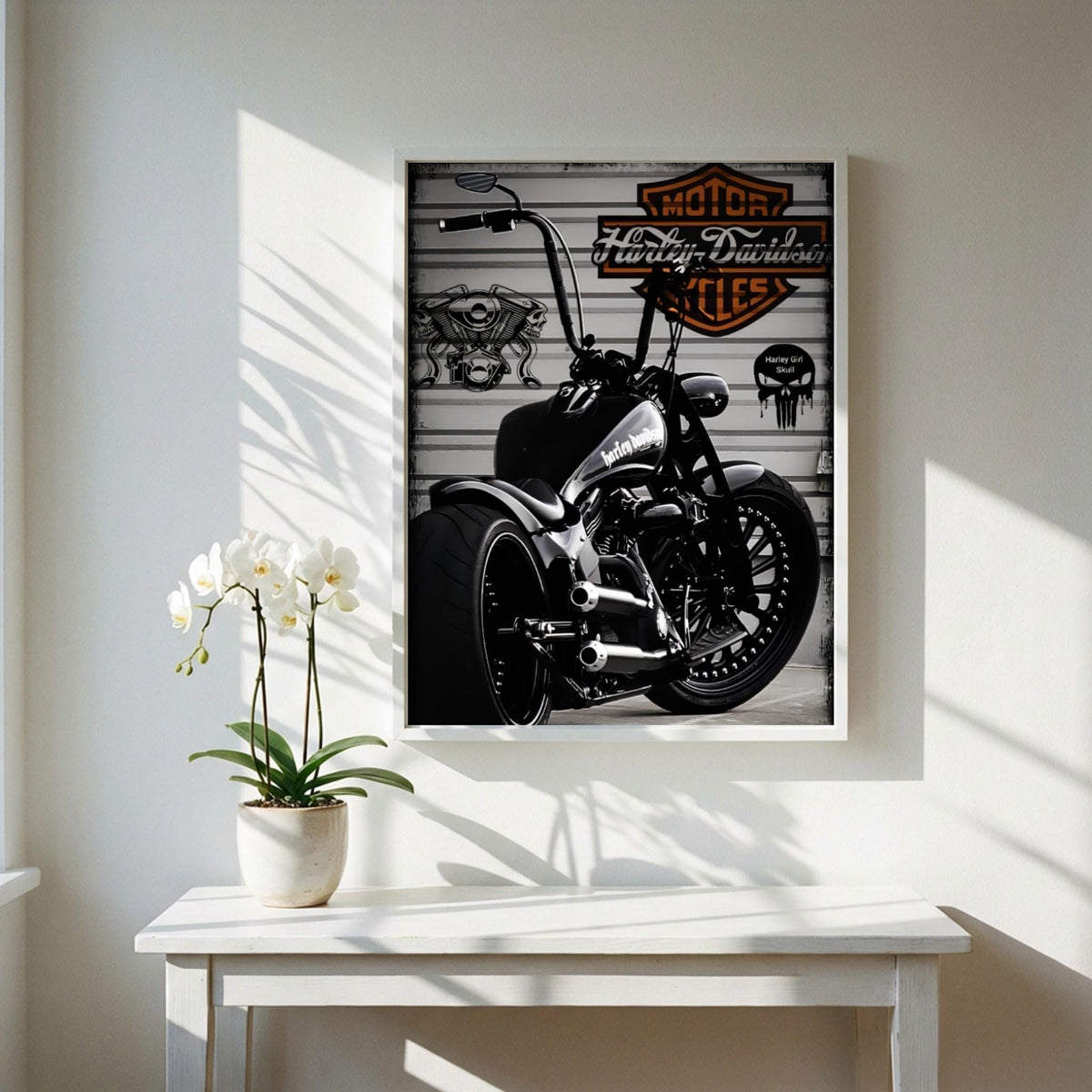Custom Motorcycle Print | Dark Garage Wall Art | Black and White Biker Poster | Industrial Chopper Decor | Boss Energy Art
