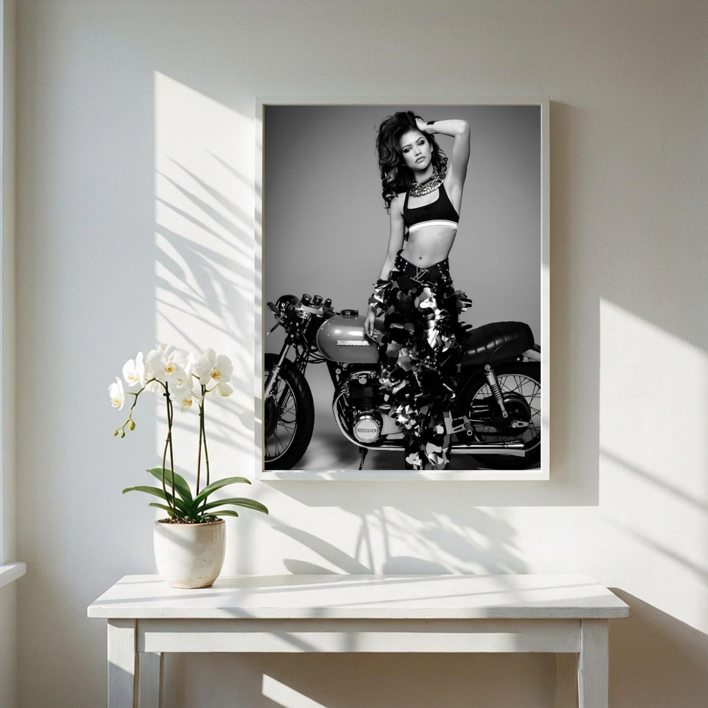 Zendaya | Black White Print | Motorcycle Poster | Edgy Fashion Art | Retro Room Decor
