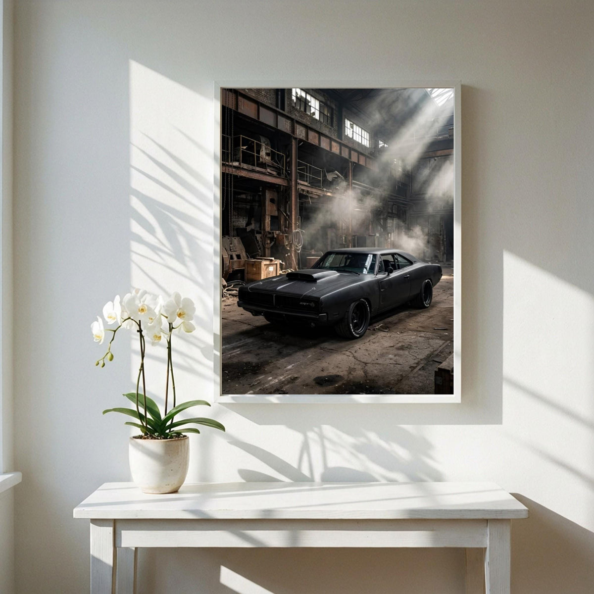 Black Muscle Car Print | Industrial Garage Decor | Dark Cinematic Poster | Edgy Mechanic Wall Art | Classic Vehicle Art