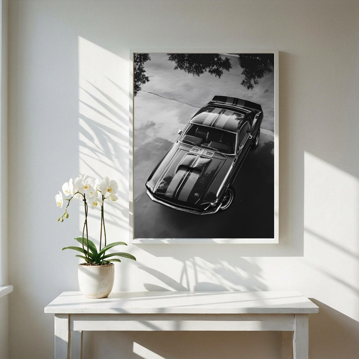 Black Muscle Car Print | High Angle Auto Poster | Classic Mustang Art | Edgy Garage Decor | Dark Cinematic Wall Art