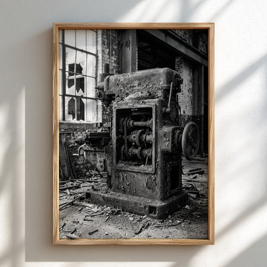 black and white industrial wall decor featuring abandoned machinery with gears and broken window