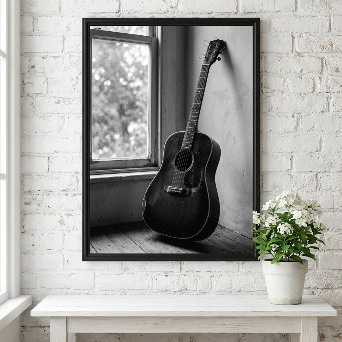 black and white acoustic guitar wall art with vintage rustic interior and soft natural window light