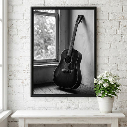 black and white acoustic guitar wall art with vintage rustic interior and soft natural window light