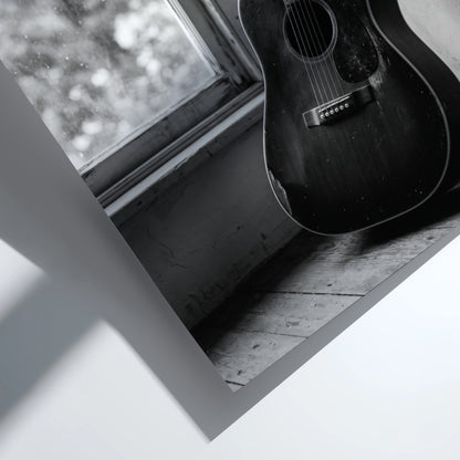 black and white acoustic guitar wall art with vintage rustic interior and soft natural window light