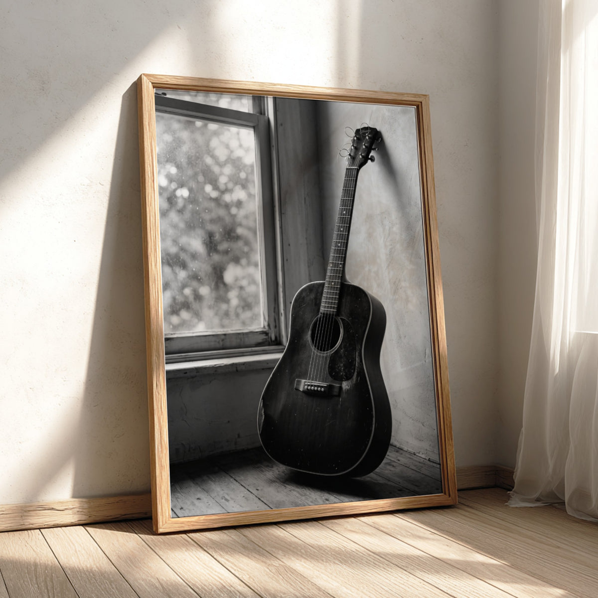 black and white acoustic guitar wall art with vintage rustic interior and soft natural window light