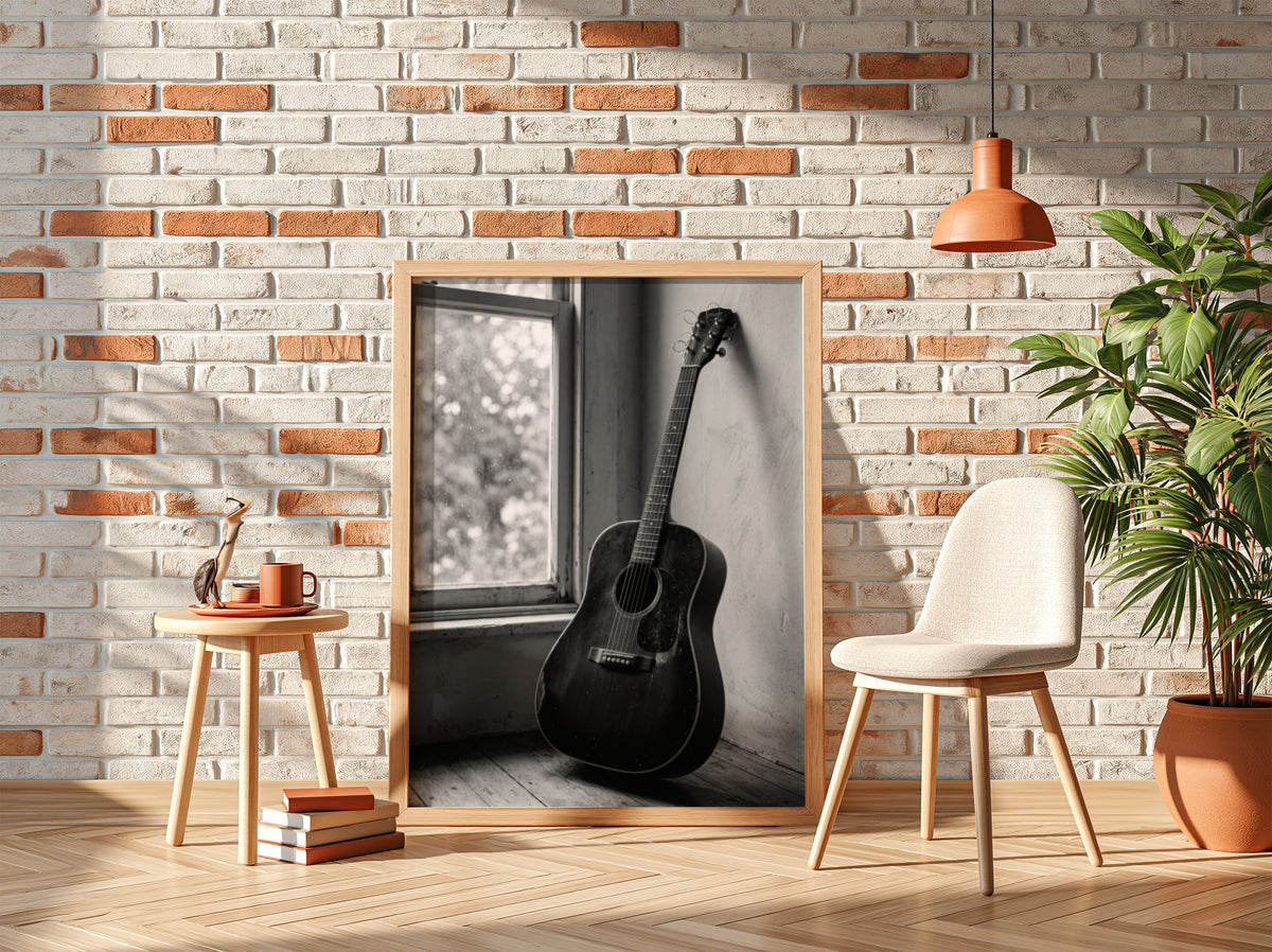 black and white acoustic guitar wall art with vintage rustic interior and soft natural window light