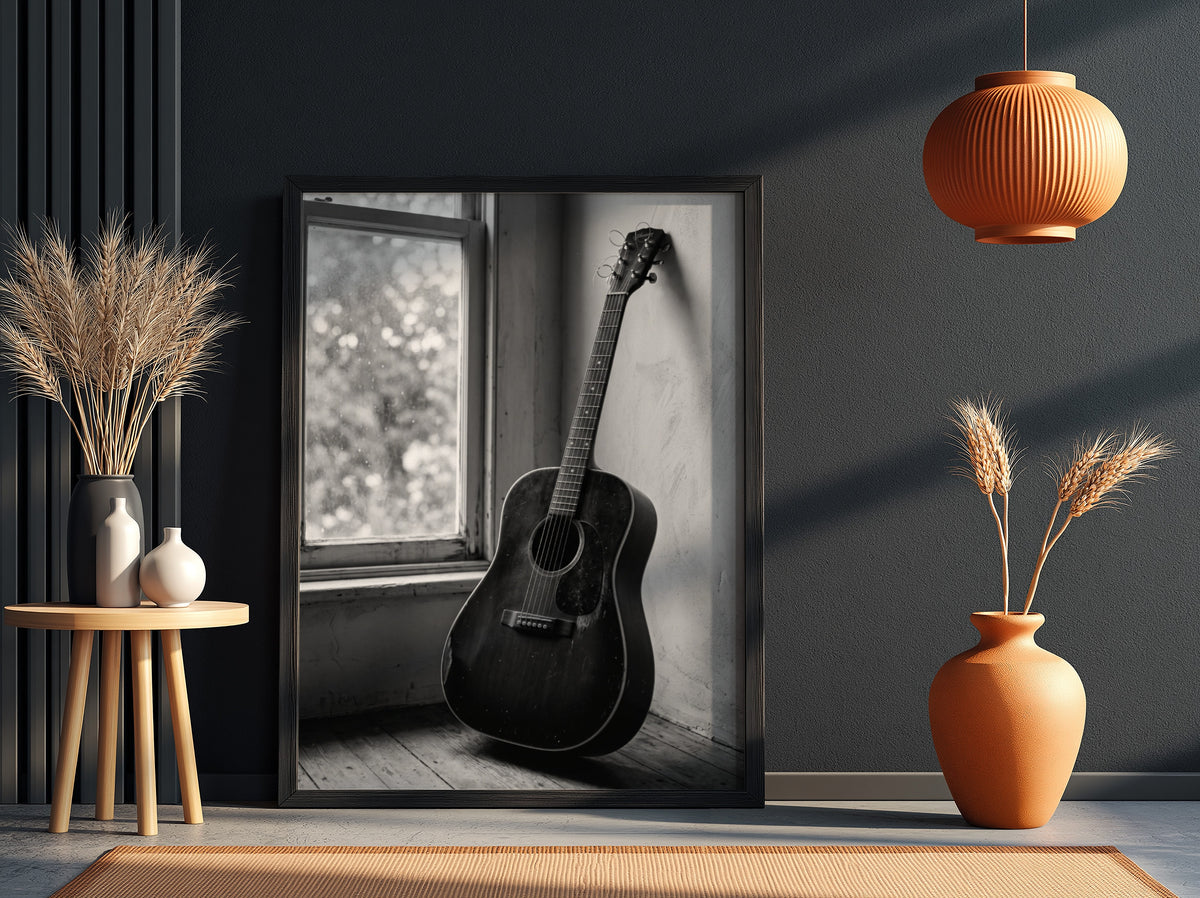 black and white acoustic guitar wall art with vintage rustic interior and soft natural window light