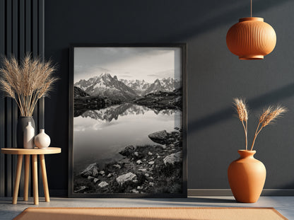 Black and white photographic wall decor showing alpine lake reflecting jagged mountain peaks and rocky shore