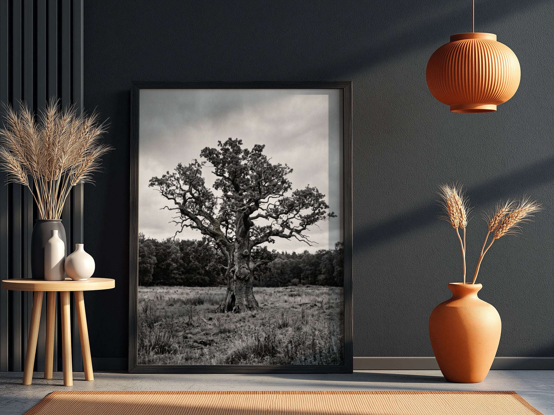 Poster of ancient oak tree in meadow black and white photography rustic style