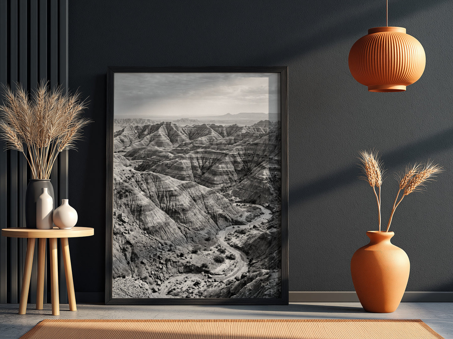 Badlands landscape poster in black and white showing eroded rocky terrain with layered geological formations