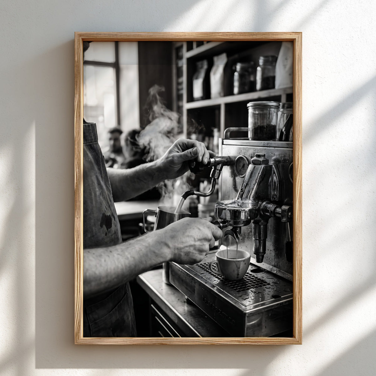 black and white poster of barista using espresso machine with steam and hands in close-up