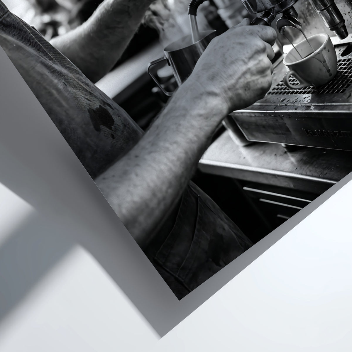 black and white poster of barista using espresso machine with steam and hands in close-up