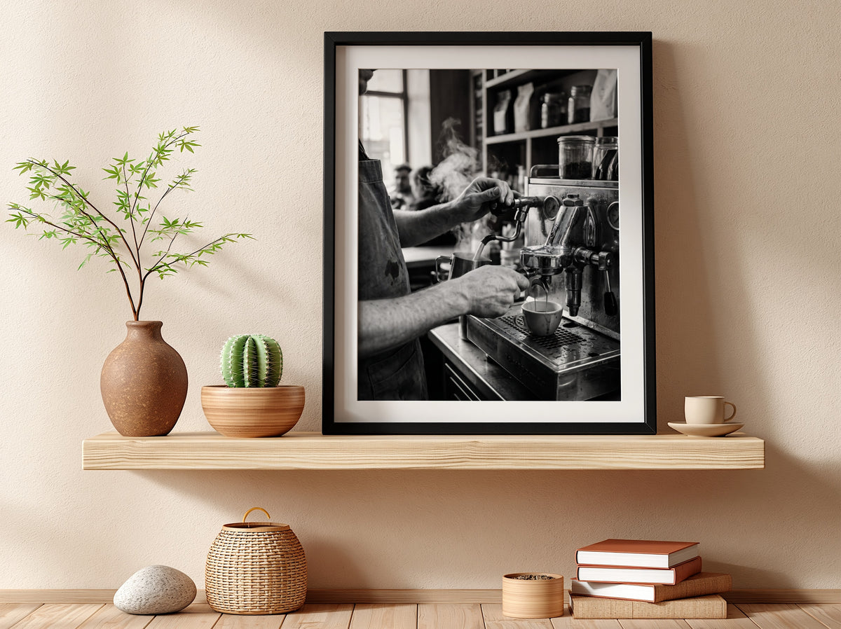black and white poster of barista using espresso machine with steam and hands in close-up