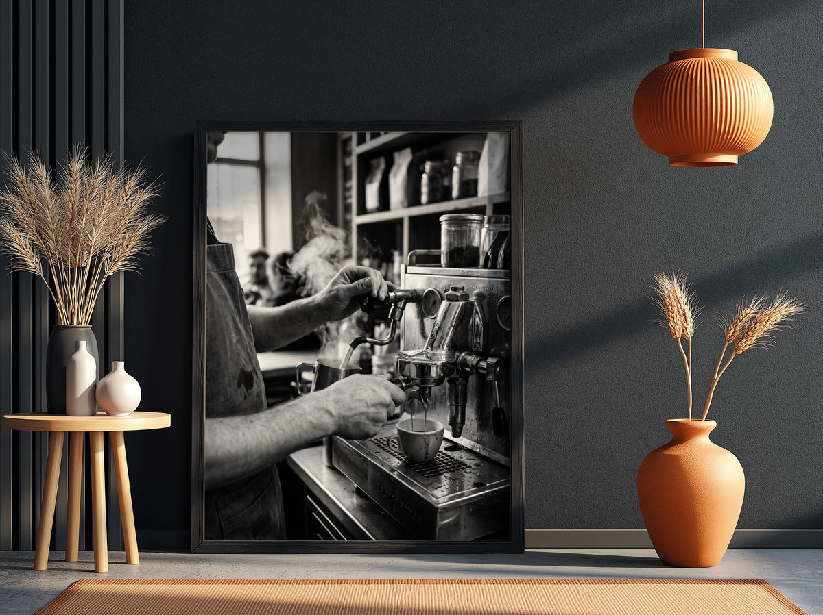 black and white poster of barista using espresso machine with steam and hands in close-up