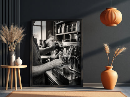 black and white poster of barista using espresso machine with steam and hands in close-up